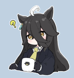 Rule 34 | 1girl, ?, ahoge, animal ears, black gloves, black hair, black jacket, black shirt, blue background, blush, brown eyes, chibi, closed mouth, collared shirt, commentary, cropped torso, cup, gloves, hair between eyes, highres, holding, holding cup, horse ears, jacket, long hair, long sleeves, looking at viewer, manhattan cafe (umamusume), nozo (hitomiz), open clothes, open jacket, outline, shirt, short eyebrows, simple background, solo, symbol-only commentary, thick eyebrows, umamusume, upper body, very long hair, white outline