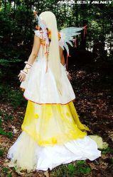 Rule 34 | angelicstar, blonde hair, bow, chii, chobits, clamp, cosplay, dress, grass, long dress, long hair, photo (medium), photo shoot, short twintails, twintails, wings, yaya han, yellow dress