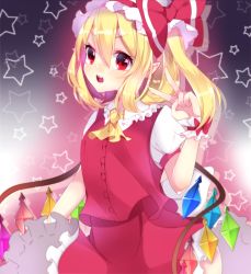 Rule 34 | 1girl, :d, bad id, bad pixiv id, blonde hair, flandre scarlet, gradient background, hat, highres, looking at viewer, mob cap, motsuni (lxxe1120), open mouth, puffy short sleeves, puffy sleeves, red skirt, red vest, shirt, short sleeves, side ponytail, skirt, smile, solo, star (symbol), touhou, v, vest, white shirt