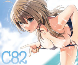 Rule 34 | 1girl, ahoge, blue eyes, blush, breasts, brown hair, cleavage, cloud, day, large breasts, long hair, lowres, musyasabu, one-piece swimsuit, open mouth, original, sky, solo, swimsuit, undressing, wet