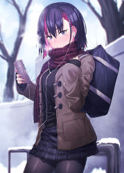 Rule 34 | 1girl, absurdres, bag, bare tree, black hair, black pantyhose, blue bag, blush, breath, brown jacket, cellphone, closed mouth, cold, earrings, grey skirt, hair between eyes, highres, holding, holding phone, ibuki notsu, jacket, jewelry, looking at viewer, medium hair, multicolored hair, open clothes, open jacket, original, outdoors, pantyhose, phone, pink hair, plaid, plaid skirt, purple eyes, purple hair, railing, red scarf, scarf, school bag, skirt, sleeves past wrists, snow, solo, streaked hair, tree, winter clothes