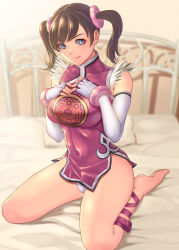 Rule 34 | 1girl, bare shoulders, barefoot, bed, blurry, blurry background, breasts, brown hair, chinese clothes, closed mouth, elbow gloves, artistic error, feet, fingerless gloves, full body, gloves, grey eyes, highres, indoors, large breasts, ling xiaoyu, lips, long hair, looking at viewer, medium breasts, no pants, on bed, panties, pillow, seed01010, sitting, sleeveless, smile, solo, tekken, toes, twintails, underwear, wariza, white gloves, white panties, wrong foot