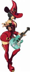 Rule 34 | 1girl, 3d, arc system works, bare shoulders, black hair, bob cut, boots, breasts, brown hair, cleavage, collar, electric guitar, fingerless gloves, gloves, green eyes, guilty gear, guilty gear xrd, guitar, hat, highres, i-no, instrument, large breasts, lipstick, makeup, mole, official art, platform footwear, red hat, short hair, smile, solo, textless version, thigh boots, thighhighs, witch hat, zettai ryouiki