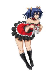 Rule 34 | 00s, 1girl, bare shoulders, bashoku youjou, blue hair, boots, bow, breasts, cleavage, collarbone, dress, female focus, frilled dress, frills, hair ornament, hair ribbon, highres, ikkitousen, large breasts, leaning forward, legs, looking at viewer, neck garter, orange ribbon, purple eyes, ribbon, shiny skin, short twintails, simple background, smile, solo, strapless, strapless dress, twintails, white background, white bow