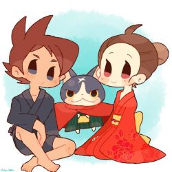 Rule 34 | 10s, 1boy, 1girl, alternate hairstyle, amano yukiko (youkai watch), barefoot, brown hair, cape, cat, chiyoko (oman1229), fuyunyan, gradient background, japanese clothes, keizou, kimono, looking at viewer, red cape, scar, sitting, sleeves past wrists, smile, traditional youkai, twitter username, youkai watch, youkai watch 2