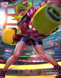 Rule 34 | 1girl, action, arms (game), artist name, audience, bike shorts under skirt, blonde hair, blue eyes, boxing gloves, breasts, curvy, earrings, hair ribbon, highres, jewelry, legs, logan cure, long hair, mask, medium breasts, nintendo, open mouth, ponytail, punching, ribbon, ribbon girl (arms), shiny skin, skirt, thighs, toned, upskirt