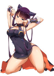 Rule 34 | 1girl, armpits, arms up, bare shoulders, black dress, blue eyes, blunt bangs, blush, breasts, china dress, chinese clothes, closed mouth, covered navel, detached sleeves, dress, fate/grand order, fate (series), hair ornament, highres, holding, holding own hair, kneeling, large breasts, leaf hair ornament, long hair, looking at viewer, purple hair, short dress, simple background, smile, solo, thighs, tokiwa midori (kyokutou funamushi), tongue, tongue out, twintails, very long hair, white background, yang guifei (fate), yang guifei (second ascension) (fate)