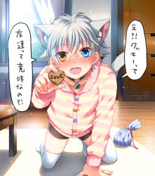 Rule 34 | 1boy, animal ears, cat boy, cat ears, cat tail, character request, ginjiro (ginziro525), ginjiro (vtuber), grey hair, hair between eyes, indie virtual youtuber, looking at viewer, male focus, short hair, shorts, solo, tail, thighhighs, virtual youtuber, white day, white thighhighs, wooden floor