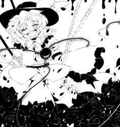 Rule 34 | 1girl, :d, ^ ^, bow, closed eyes, eyeball, eyebrows, closed eyes, female focus, fingernails, flower, frilled sleeves, frills, greyscale, happy, hat, hat bow, high contrast, iroyopon, komeiji koishi, long sleeves, monochrome, open mouth, plant, rose, short hair, skirt, smile, solo, tears, thick eyebrows, touhou, vines, wide sleeves