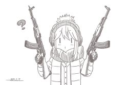 Rule 34 | 1girl, ?, ak-47, akm, assault rifle, brown theme, character request, closed mouth, coat, dual wielding, gun, holding, holding gun, holding weapon, horikou, kalashnikov rifle, long sleeves, looking at viewer, monochrome, o3o, rifle, scarf, simple background, solo, weapon, white background, winter clothes, winter coat, yurucamp, | |