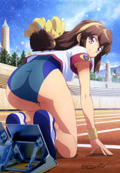 Rule 34 | 1girl, absurdres, akehoshi kanata, ass, ass focus, bare legs, battle athletes, battle athletes daiundoukai restart!, bleachers, blue leotard, brown hair, closed mouth, day, flag, green leotard, gym shirt, gym uniform, hair ribbon, hairband, haruyama kazunori, highleg, highleg leotard, highres, leotard, lips, looking at viewer, looking back, medium hair, megami magazine, mountain, official art, outdoors, pine tree, purple eyes, ribbon, scan, shiny skin, shirt, shoes, short sleeves, sidelocks, sky, smile, sneakers, solo, stadium, star (sky), starry sky, sweatband, thighs, track and field, translation request, tree, two-tone leotard