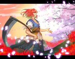 Rule 34 | 1girl, breasts, cherry blossoms, cleavage, female focus, field, flower, flower field, from side, glowing, glowing petals, hair between eyes, hair bobbles, hair ornament, layered clothes, letterboxed, nature, onozuka komachi, orange sky, outdoors, outside border, petals, red eyes, red hair, scythe, short hair, sky, solo, spider lily, standing, touhou, twintails, two side up, wakky, weapon