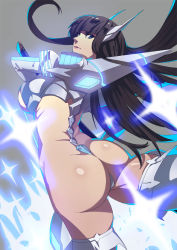 Rule 34 | 10s, 1girl, ass, ass focus, black hair, blue eyes, boots, breasts, club3, from behind, junketsu, kill la kill, kiryuuin satsuki, large breasts, living clothes, long hair, looking back, revealing clothes, sideboob, sword, weapon