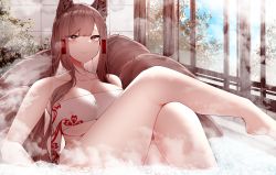 Rule 34 | 1girl, absurdres, akagi (azur lane), animal ear fluff, animal ears, azur lane, bathing, bathtub, breasts, brown eyes, brown hair, cleavage, closed mouth, collarbone, covered erect nipples, crossed legs, day, hair tubes, highres, indoors, large breasts, long hair, looking at viewer, partially submerged, samip, simple background, smile, solo, steam, tail, thighs, very long hair, window