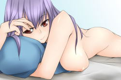 Rule 34 | 1girl, ass, bed, breasts, large breasts, long hair, lying, mitsuki (pixiv11671), mitsuki (toriaezu), nipples, nude, on stomach, pillow, purple hair, red eyes, solo