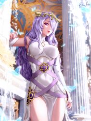 Rule 34 | 1girl, artist name, bare shoulders, breasts, bug, butterfly, camilla (adrift) (fire emblem), camilla (fire emblem), commentary, covered navel, detached sleeves, dress, english commentary, esther shen, fake horns, fire emblem, fire emblem fates, fire emblem heroes, gold horns, hair ornament, hair over one eye, horns, insect, lips, long hair, looking at viewer, medium breasts, nintendo, official alternate costume, one eye covered, parted lips, pelvic curtain, pink lips, purple eyes, purple hair, purple nails, solo, water, wavy hair, white dress