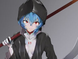 1girl ayanami_rei blue_hair bodysuit commentary evangelion:_3.0+1.0_thrice_upon_a_time hair_between_eyes holding holding_scythe hood hood_up mecha_pilot_suit neon_genesis_evangelion plugsuit rebuild_of_evangelion red_eyes scythe short_hair solo white_bodysuit yagisawa_teru