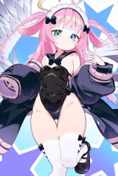 Rule 34 | 1girl, ahoge, angel, angel wings, animal ears, arm up, black coat, black footwear, black leotard, breasts, character request, coat, copyright request, covered navel, feathered wings, groin, halo, heterochromia, highleg, highleg leotard, highres, leg up, leotard, long hair, looking at viewer, maid headdress, off shoulder, pink hair, rabbit ears, shoes, sin pentagram, sleeves past wrists, small breasts, smile, solo, standing, standing on one leg, strapless, strapless leotard, thigh gap, thighhighs, thighs, two side up, v, white thighhighs, white wings, wings