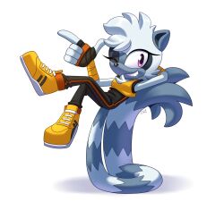 Rule 34 | 1girl, absurdres, animal ears, arm behind head, black jumpsuit, drstarline, fingerless gloves, full body, furry, furry female, gloves, grin, highres, jumpsuit, looking at viewer, one eye closed, pointing, purple eyes, shirt, shoes, sleeveless, smile, solo, sonic (series), tail, tangle the lemur, teeth, yellow footwear, yellow shirt