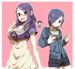 Rule 34 | 10s, 1boy, 2girls, :d, blush, breast envy, breasts, chibi, chibi inset, cleavage, glasses, hair over one eye, highres, kamishiro rize, kaneki ken, kirishima touka, large breasts, long hair, looking at viewer, multiple girls, open mouth, purple hair, red eyes, sayu (migiu), short hair, shorts, simple background, small breasts, smile, tokyo ghoul