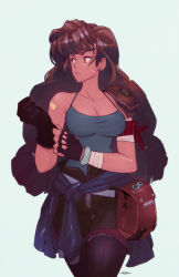 Rule 34 | 1girl, adjusting clothes, adjusting gloves, alternate hair color, armor, asymmetrical gloves, bag, bandaged arm, bandaged hand, bandages, bandaid, bandaid on face, bandaid on shoulder, belt, big hair, black gloves, boots, breasts, brown hair, cleavage, clothes around waist, commentary, dark-skinned female, dark skin, david liu, earrings, english commentary, frown, gloves, jewelry, large breasts, long hair, looking to the side, maria (space maria), mismatched gloves, narrow waist, pants, pauldrons, red eyes, satchel, shirt, shoulder armor, signature, single pauldron, solo, space maria, spaghetti strap, stud earrings, sweater, sweater around waist, tank top, taut clothes, taut shirt, thigh boots, thighhighs, very long hair, white background, zipper