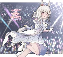 Rule 34 | 1girl, animal ears, artist name, bare legs, blush, boots, coat, concert, diffraction spikes, flower, foot out of frame, gloves, glowstick, greyscale, hair flower, hair ornament, hairclip, happy meek (umamusume), highres, horse ears, horse girl, horse tail, letterboxed, looking at viewer, medium hair, monochrome, open clothes, open coat, open mouth, pink hair, pleated skirt, ryusei (ryusei b), shirt, short sleeves, skirt, solo, standing, standing on one leg, sweat, tail, translation request, umamusume, vest, w, white coat, white footwear, white gloves, white shirt, white skirt