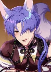 Rule 34 | 1boy, animal ear fluff, animal ears, arm strap, chest strap, earrings, fangs, fingerless gloves, fox boy, fox ears, fox tail, gloves, hair over one eye, heterochromia, highres, jewelry, kuya (nu carnival), licking, licking lips, looking at viewer, male focus, midriff peek, nu carnival, ponytail, purple eyes, purple hair, solo, solo focus, strap, tail, teeth, tongue, tongue out, upper teeth only, yadome810, yellow eyes