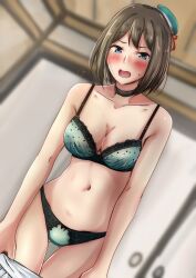 Rule 34 | 1girl, aqua hat, beret, blue eyes, blurry, blurry background, bra, breasts, brown hair, green bra, green panties, hair ornament, hairclip, hat, highres, indoors, kantai collection, kurano yuuichi, large breasts, maya (kancolle), maya kai ni (kancolle), mini hat, navel, open mouth, panties, short hair, solo, standing, textless version, underwear, underwear only, undressing, x hair ornament