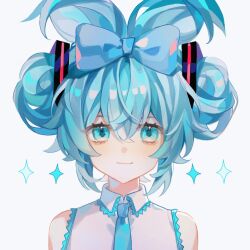 Rule 34 | 1girl, aegyo sal, aqua bow, aqua eyes, aqua hair, aqua necktie, bare shoulders, blush, bow, check commentary, chinese commentary, cinnamiku, collared shirt, commentary request, crossed bangs, folded twintails, grey background, hair bow, hatsune miku, jiao shenme ming hao ne, light smile, looking at viewer, necktie, portrait, shirt, simple background, sleeveless, sleeveless shirt, solo, straight-on, twintails, vocaloid, white shirt