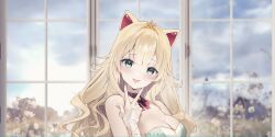 Rule 34 | 1girl, absurdres, animal ears, bare shoulders, blonde hair, blurry, blurry background, blush, breasts, cat ears, green eyes, hair between eyes, highres, long hair, looking at viewer, medium breasts, neck ribbon, open mouth, original, princess, ribbon, ribbon-trimmed bow, shaoviie, sleeveless, smile, solo, tiara, v, virtual youtuber, window