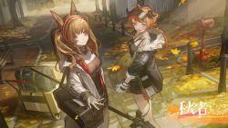 Rule 34 | 2girls, ahoge, angelina (arknights), animal ears, arknights, artist request, bag, bench, black choker, black jacket, box, breasts, brown eyes, brown hair, choker, commentary request, cowboy shot, croissant (arknights), fox ears, fur-trimmed jacket, fur trim, gloves, hairband, highres, holding, holding box, horns, jacket, long hair, long sleeves, medium breasts, multiple girls, open clothes, open jacket, red hairband, shirt, staff, standing, thighs, twintails, visor cap, white gloves, white jacket
