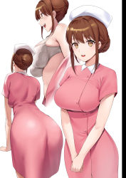 Rule 34 | 1girl, absurdres, ass, bra, breasts, brown eyes, brown hair, buttons, collared dress, commentary, copyright request, dress, from behind, hat, highres, large breasts, leaning forward, looking at viewer, mole, mole under eye, multiple views, nurse, nurse cap, open mouth, own hands together, pink dress, rororo, short sleeves, sidelocks, simple background, standing, teeth, underwear, underwear only, upper teeth only, white background, white bra