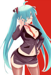 Rule 34 | 1girl, adjusting eyewear, ahoge, aqua eyes, aqua hair, bespectacled, between breasts, breasts, cowboy shot, glasses, hair over one eye, hand on own hip, hatsune miku, long hair, midriff, minazuki itto, nail polish, navel, necktie, necktie between breasts, parted lips, red background, skirt, solo, thighhighs, twintails, very long hair, vocaloid, white background