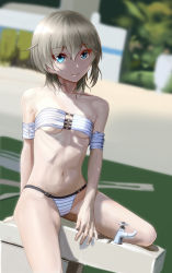 Rule 34 | 1girl, anastasia (idolmaster), bare shoulders, bikini, blue eyes, blurry, blurry background, breasts, brown hair, closed mouth, collarbone, commentary request, day, depth of field, drinking fountain, dutch angle, fingernails, groin, hair between eyes, highres, idolmaster, idolmaster cinderella girls, looking at viewer, medium breasts, navel, o-ring, o-ring bikini, o-ring top, outdoors, sitting, smile, solo, strapless, strapless bikini, striped bikini, striped clothes, swimsuit, taka (takahirokun), white bikini