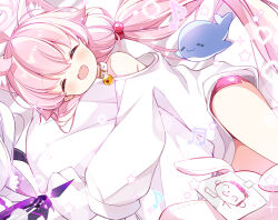 Rule 34 | 2girls, ahoge, animal collar, animal ear fluff, animal ears, bed sheet, bell, blue archive, blush, cat ears, closed eyes, collar, doodle sensei (blue archive), eighth note, extra ears, fang, halo, heart, hina (blue archive), hoshino (blue archive), jingle bell, long hair, multiple girls, musical note, open mouth, pink hair, pink halo, red shorts, sensei (blue archive), shirt, shorts, sleeves past fingers, sleeves past wrists, smile, solo, star (symbol), stuffed animal, stuffed toy, stuffed whale, subin (subin 2011), white shirt