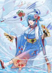 1girl 2025 alternate_costume animal aqua_(konosuba) blue_eyes blue_hair blue_kimono chinese_zodiac flower folding_fan fur-trimmed_kimono fur_trim furisode giant_snake hair_flower hair_ornament hair_rings hand_fan highres holding holding_fan isome japanese_clothes kimono kono_subarashii_sekai_ni_shukufuku_wo! long_sleeves obi oversized_animal paper_fan print_kimono sandals sash single_hair_ring snake socks solo standing wading water white_snake white_socks wide_sleeves year_of_the_snake