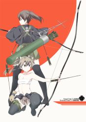 Rule 34 | 2girls, arrow (projectile), bare shoulders, black legwear, bow (weapon), breasts, brown eyes, brown hair, brown skirt, character name, cleavage, collarbone, full body, gloves, green eyes, green hair, green skirt, holding, holding arrow, holding bow (weapon), holding weapon, japanese clothes, kaga (kancolle), kantai collection, kneeling, long hair, multiple girls, no shoes, partially fingerless gloves, partly fingerless gloves, pleated skirt, quiver, sarashi, shigino sohuzi, side ponytail, skirt, small breasts, thighhighs, twintails, weapon, yugake, yumi (bow), zuikaku (kancolle)