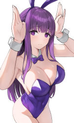 Rule 34 | 1girl, absurdres, alternate costume, animal ears, bare arms, bare shoulders, bow, bowtie, breasts, cleavage, closed mouth, commentary request, covered navel, detached collar, fake animal ears, fern (sousou no frieren), hairband, hands up, highres, large breasts, leotard, nano (syoutamho), playboy bunny, purple bow, purple bowtie, purple eyes, purple hair, purple hairband, purple leotard, rabbit ears, revision, sidelocks, simple background, solo, sousou no frieren, white background, wrist cuffs
