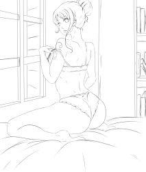 Rule 34 | 1girl, absurdres, ass, bare shoulders, bookshelf, breasts, feet, highres, large breasts, lineart, lingerie, looking at viewer, nami (one piece), non-web source, one piece, removing bra, solo, tattoo, thighs, underwear, window