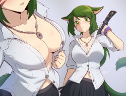 Rule 34 | 1girl, animal ears, arm at side, arm up, black skirt, blush, breasts, cat ears, cleavage, collarbone, commentary, english commentary, facial mark, final fantasy, final fantasy xiv, gradient background, green eyes, green hair, grey background, holding, holding sword, holding weapon, jewelry, large breasts, long hair, looking at viewer, miqo&#039;te, multiple views, necklace, no bra, open clothes, open shirt, parted lips, partially unbuttoned, ponytail, shirt, short sleeves, skirt, sollyz, sword, very long hair, weapon, whisker markings, white shirt, wristband