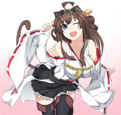 Rule 34 | 10s, 1girl, ;d, absurdres, ahoge, animal ears, arm up, bad id, bad pixiv id, bare shoulders, black footwear, black hairband, black thighhighs, boots, breasts, brown hair, cat ears, cat tail, double bun, grey eyes, hair bun, hairband, hakama, hakama short skirt, hakama skirt, highres, japanese clothes, kantai collection, kongou (kancolle), lace-trimmed sleeves, lace trim, large breasts, leaning forward, long hair, looking at viewer, nontraditional miko, one eye closed, open mouth, sensei (hitagi3594), skirt, smile, solo, tail, teeth, thigh boots, thighhighs, thighs, tongue, tongue out, wink, zettai ryouiki