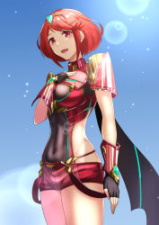 Rule 34 | 1girl, armor, breasts, clothing cutout, cowboy shot, female focus, fingerless gloves, gem, gloves, hair ornament, headpiece, highres, impossible clothes, large breasts, looking at viewer, navel, open mouth, pyra (xenoblade), red eyes, red hair, revealing clothes, short hair, short shorts, shorts, side cutout, skin tight, skindentation, sukkirito (rangusan), swept bangs, underbust, xenoblade chronicles (series), xenoblade chronicles 2