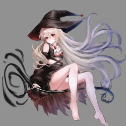 Rule 34 | 1girl, absurdres, ascot, bare legs, bare shoulders, barefoot, black dress, black hat, broom, broom riding, closed mouth, detached sleeves, dress, fan zhongli cangshu, feet, grey background, hat, highres, long hair, long sleeves, looking at viewer, original, red eyes, simple background, sitting, solo, toes, very long hair, white ascot, white hair, witch, witch hat