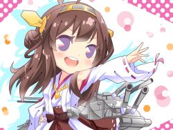 Rule 34 | 10s, 1girl, :d, ahoge, bad id, bad pixiv id, blush, brown hair, cannon, chibi, crescent, detached sleeves, double bun, hairband, hand on own hip, heart, japanese clothes, kantai collection, kongou (kancolle), long hair, nontraditional miko, open mouth, outstretched arm, outstretched hand, pleated skirt, purple eyes, ribbon-trimmed sleeves, ribbon trim, shinekalta, skirt, smile, solo