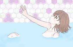 Rule 34 | 1girl, 2023, 20s, arm up, bare legs, bare shoulders, bath, blush, brown eyes, brown hair, collarbone, completely nude, female focus, flat chest, from side, highres, indoors, looking up, lying, matching hair/eyes, misaka mikoto, nude, partially submerged, short hair, sitting, solo, sukorobiankou, toaru kagaku no railgun, toaru majutsu no index, water, wet