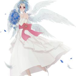 Rule 34 | 1girl, angel wings, bare shoulders, blue hair, breasts, cleavage, closed mouth, dress, elbow gloves, feathered wings, filia (star ocean), foot out of frame, forehead jewel, gloves, lips, looking at viewer, pointy ears, red eyes, short hair, simple background, smile, solo, star ocean, star ocean the second story, wedding dress, white background, wings