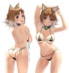 Rule 34 | 1girl, alternate breast size, animal ears, arcana heart, arcana heart 2, ass, back, bikini, black bikini, blush, breasts, brown hair, cleavage, collarbone, commentary request, highres, inuwaka nazuna, large breasts, looking at viewer, looking back, looking to the side, multiple views, navel, open mouth, parted bangs, purple eyes, short hair, sidelocks, skindentation, swimsuit, thighs, untied, wa (genryusui)