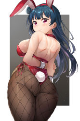 Rule 34 | 1girl, animal ears, ass, blue hair, breasts, brown pantyhose, detached collar, fake animal ears, fishnet pantyhose, fishnets, from behind, hair bun, highres, large breasts, leotard, long hair, looking at viewer, looking back, love live!, love live! sunshine!!, pantyhose, playboy bunny, purple eyes, rabbit ears, rabbit tail, red leotard, shiny skin, side bun, single side bun, solo, standing, strapless, strapless leotard, tail, tem10, tsushima yoshiko, wrist cuffs