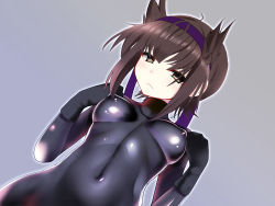 Rule 34 | 10s, 1girl, bad id, bad pixiv id, black gloves, black hair, bodysuit, breasts, brown eyes, brown hair, covered erect nipples, covered navel, dutch angle, from below, frown, gloves, gradient background, grey background, grey eyes, hair between eyes, hair flaps, hair ribbon, hairband, half-closed eyes, hands on own chest, hatsuzuki (kancolle), impossible bodysuit, impossible clothes, kantai collection, latex, looking at viewer, okuri banto, outline, ribbon, shiny clothes, short hair, sidelocks, skin tight, small breasts, solo, turtleneck, upper body