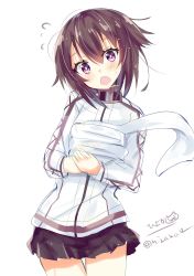 Rule 34 | 1girl, black skirt, blush, brown hair, gym shirt, hair between eyes, hayasui (kancolle), highres, hizaka, jacket, kantai collection, long sleeves, looking at viewer, miniskirt, one-hour drawing challenge, open mouth, pleated skirt, purple eyes, shirt, short hair, simple background, skirt, solo, towel, track jacket, twitter username, white background